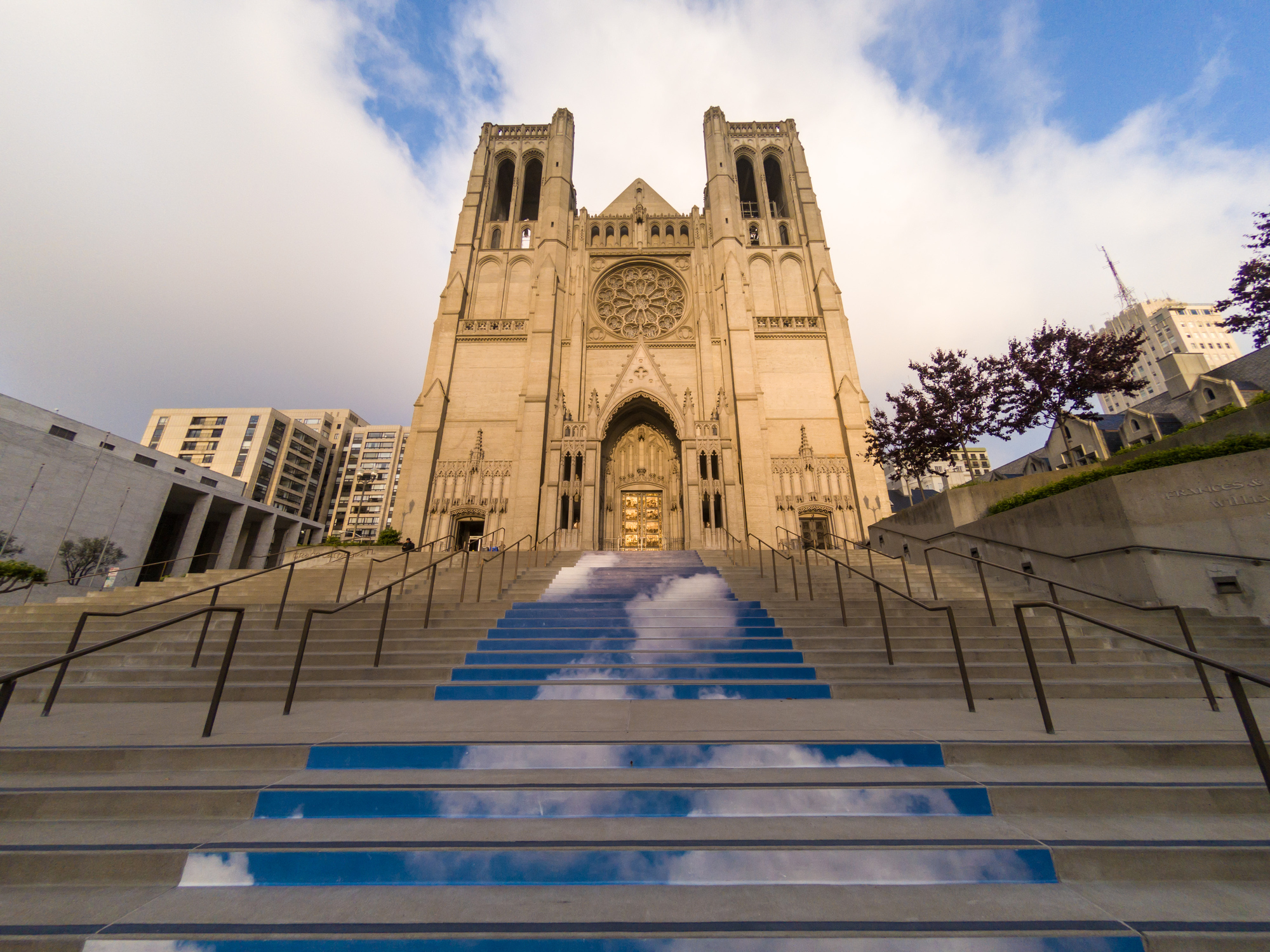 Steps up to a famous cathedral in San Francisco. 