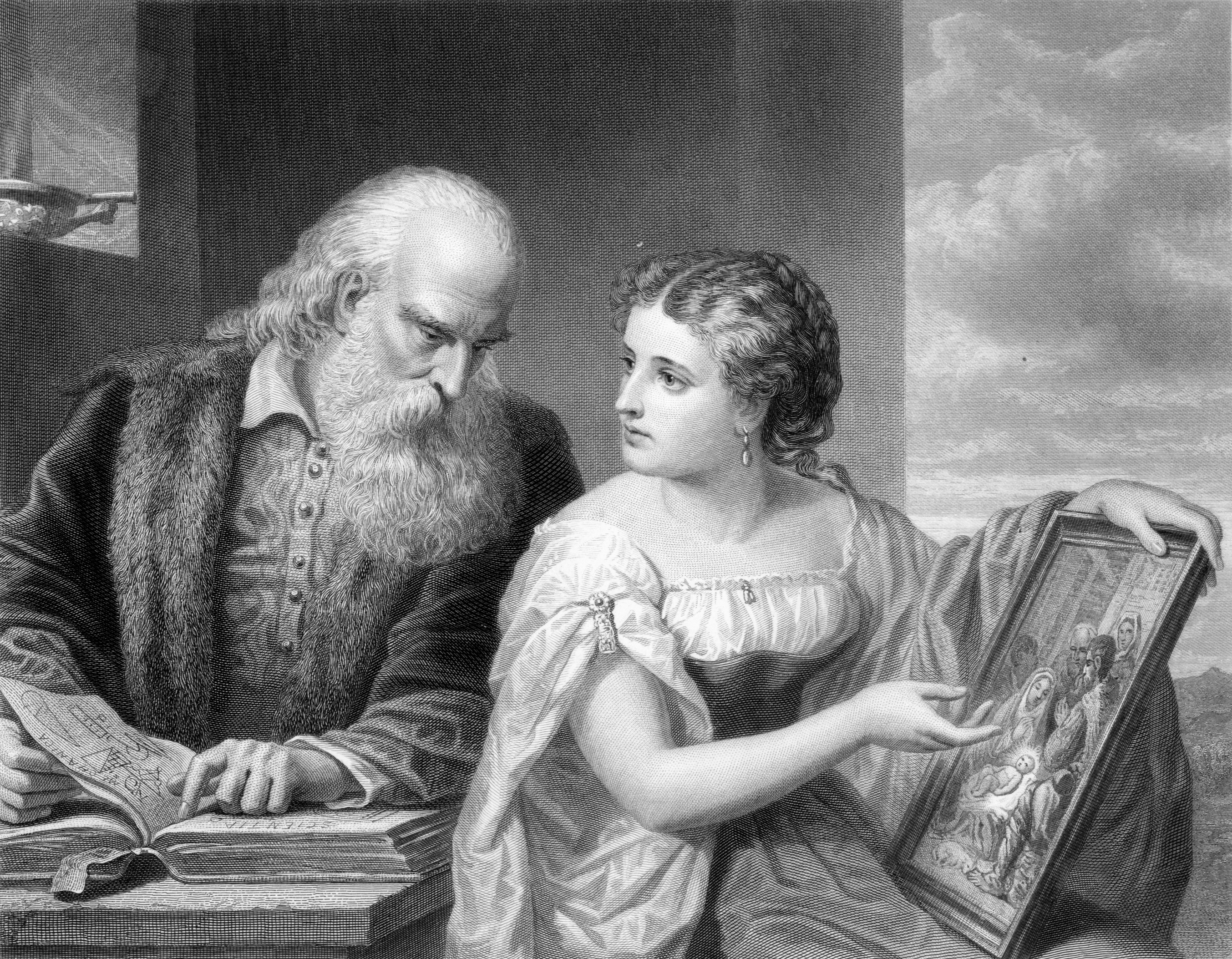 Engraving depicting a young woman representing religion debating with an old man representing science.