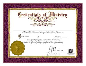 ULC ordination credential certificate