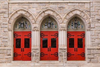 Bright red church doors, popular among Methodists