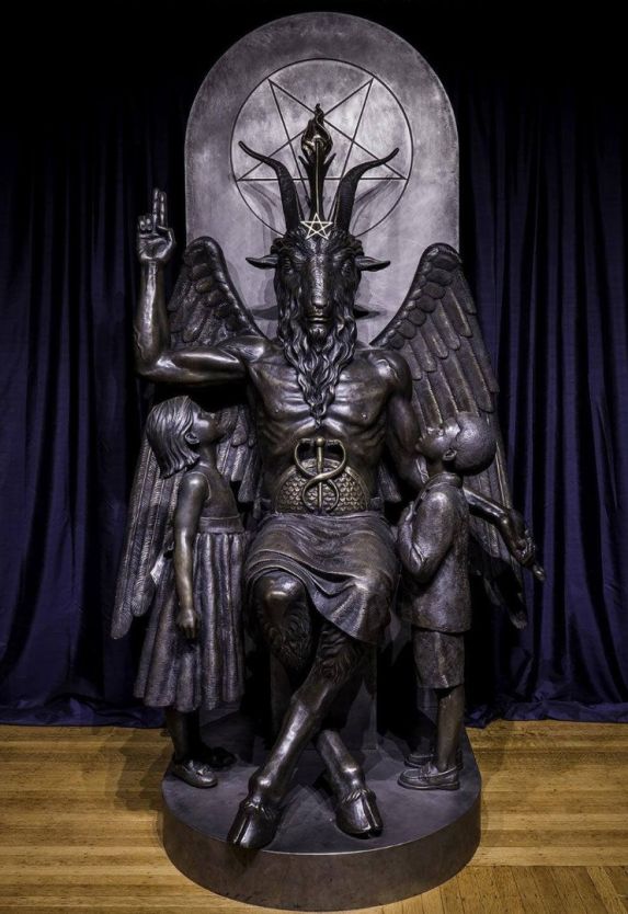 Statue of Baphomet at The Satanic Temple in Salem, Massachusetts, featuring a seated, goat-headed figure.