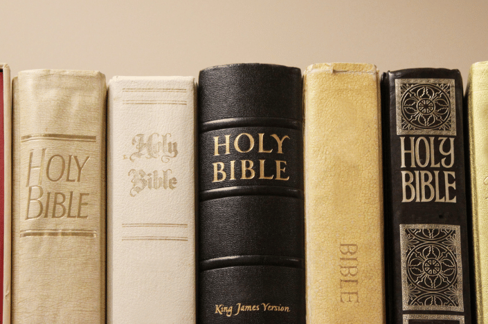 Row of Holy Bibles in different bindings and editions
