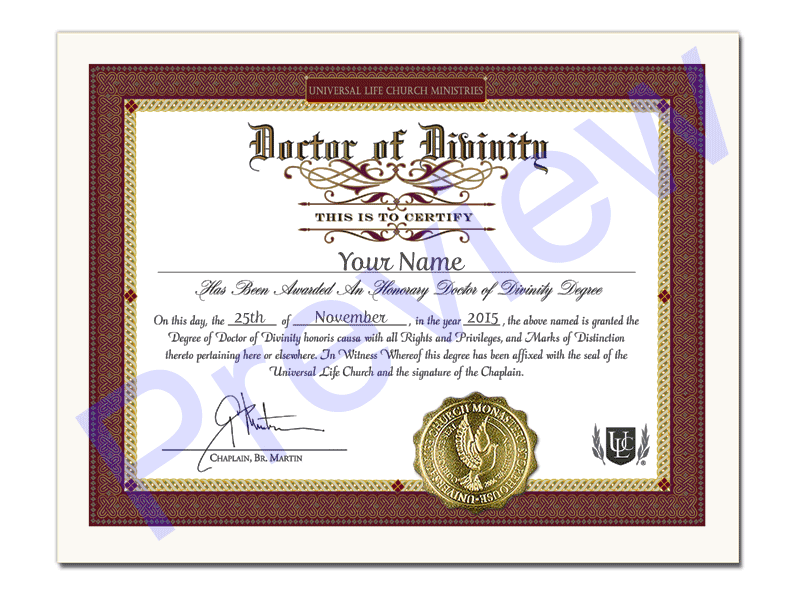 Sample Universal Life Church honorary Doctor of Divinity degree certificate with decorative border and gold seal.