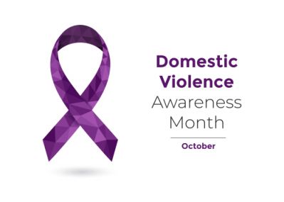 A Domestic Violence Awareness Month Graphic With A Purple Ribbon
