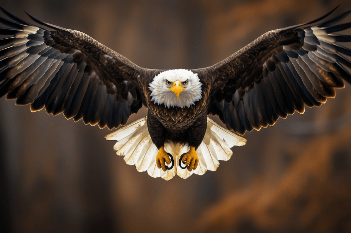 Bald eagle flying toward the viewer with its wings fully spread.
