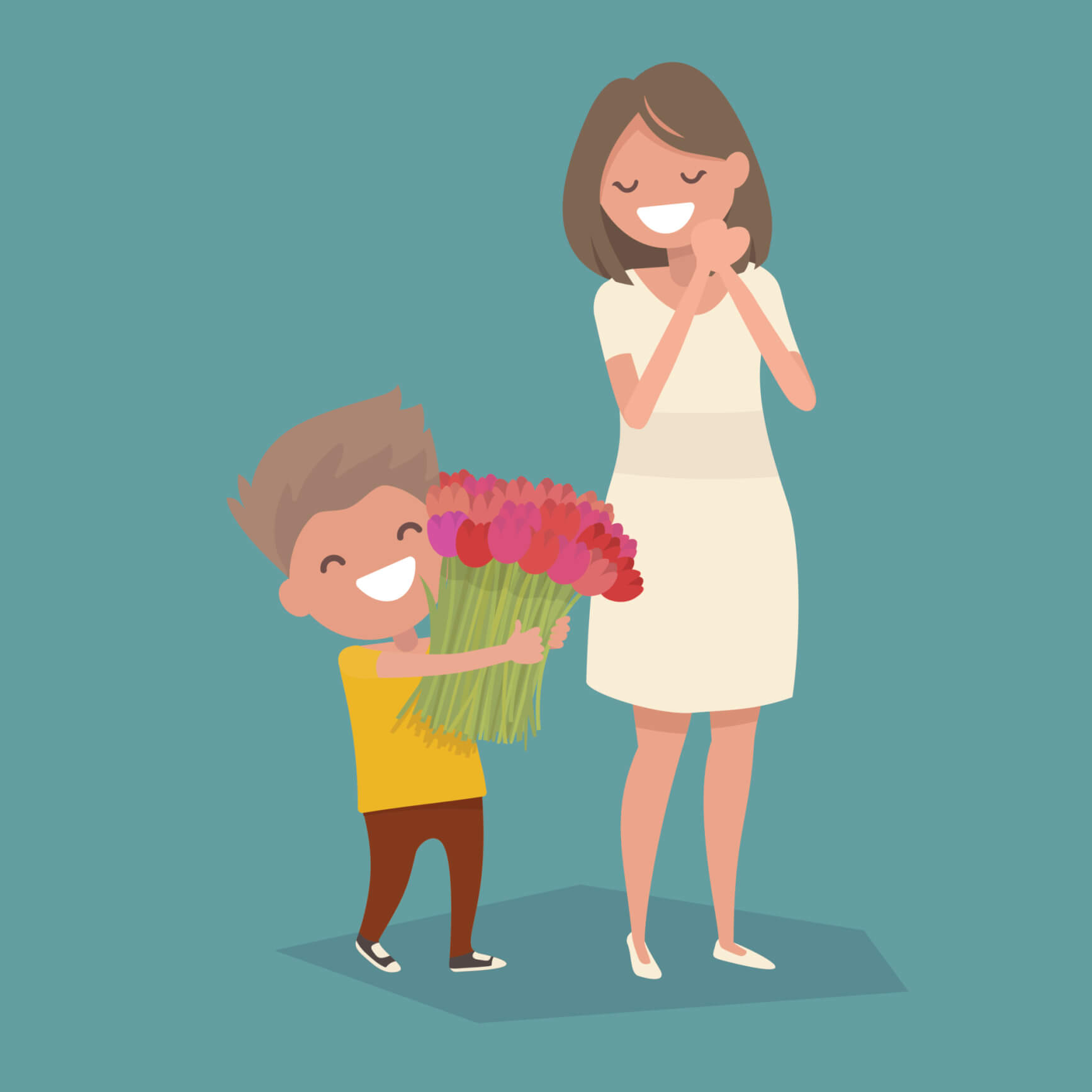 A boy giving flowers to his mother