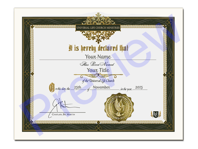 Sample Universal Life Church Honorary Religious Degree certificate with decorative border and gold seal.