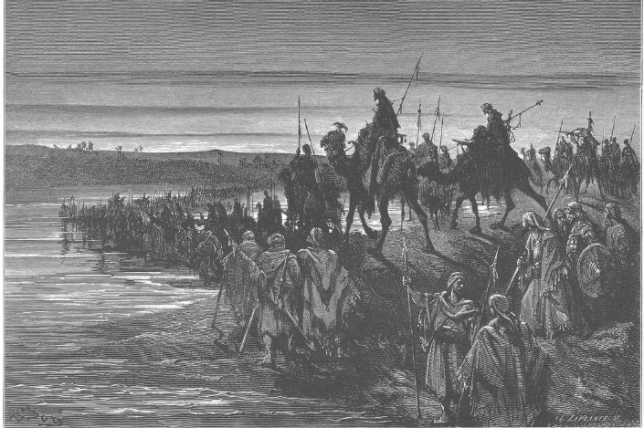 Historical Bible illustration depicting the Israelites crossing the Jordan River into the Promised Land.