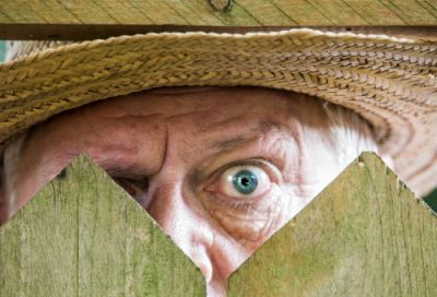 An envious neighbor peering over a fence