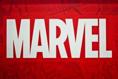 Marvel logo with red background