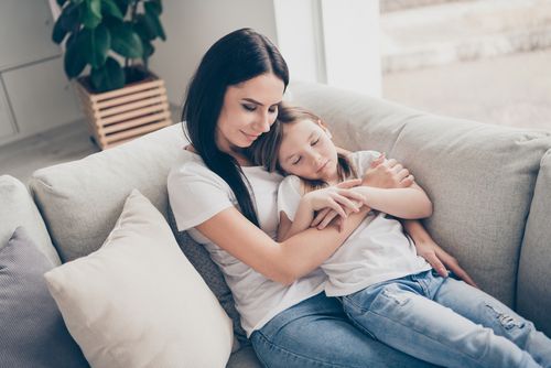 Mother and Daughter Relaxing At Home on the Couch