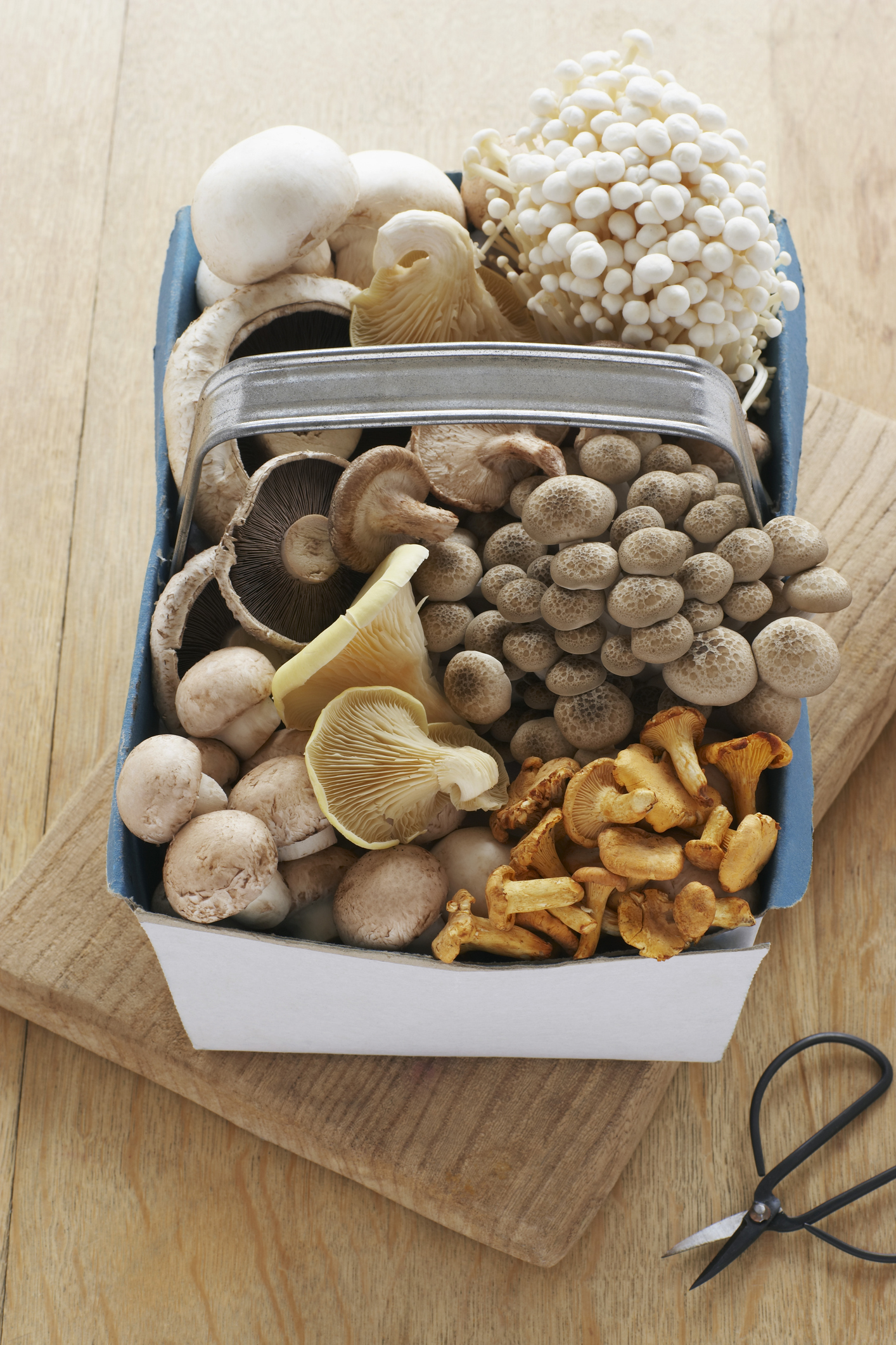 An assortment of mushrooms in a basket