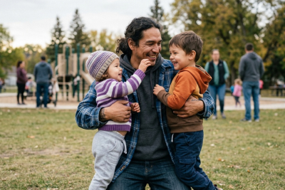 A native American father sharing a joyful moment with his kids