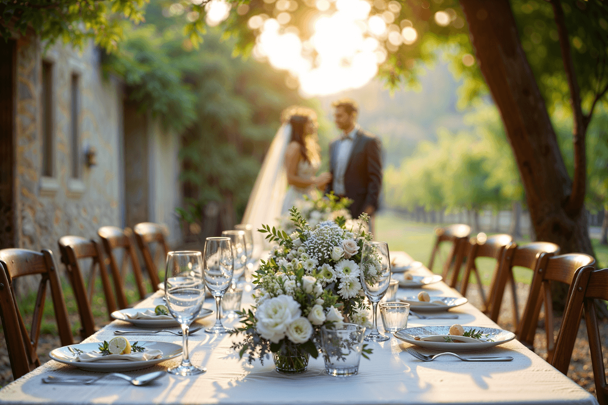 Outdoor wedding reception table decorated with white flowers as a couple stands in the background.