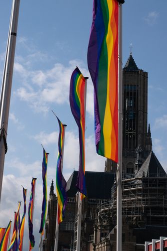 Rainbow Flags at a Church Signifying Acceptance of Trans Members