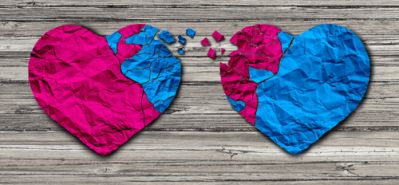 A red heart and blue heart changing colors