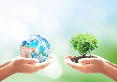 A person holding up a globe next to a person holding up a small plant