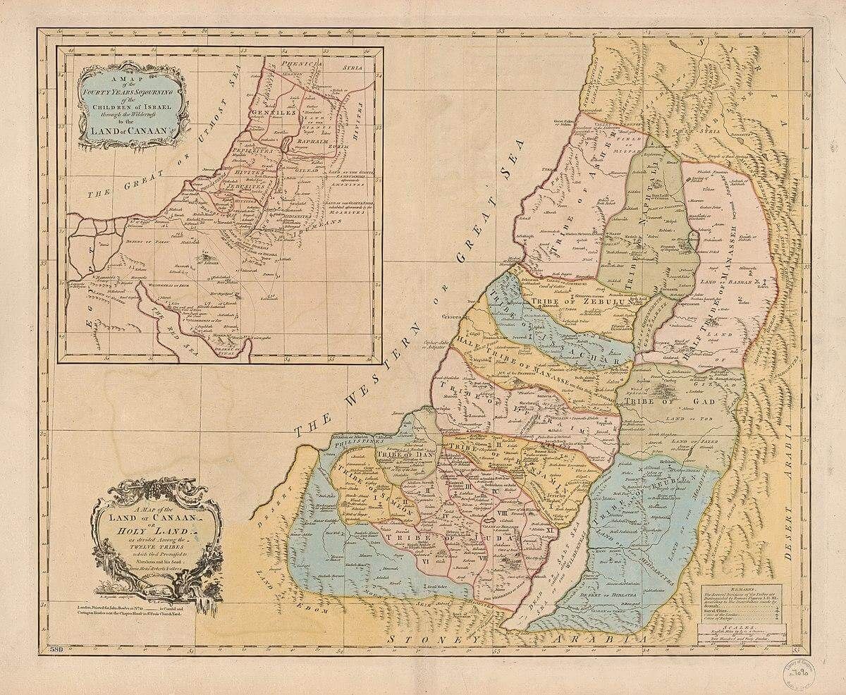 Historical map showing the territories of the twelve tribes of Israel, including Reuben and Gad east of the Jordan River.