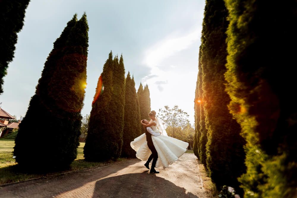 Wedding couple hugging beneath trees