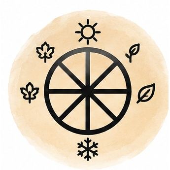 A wheel of the year on a yellow background.