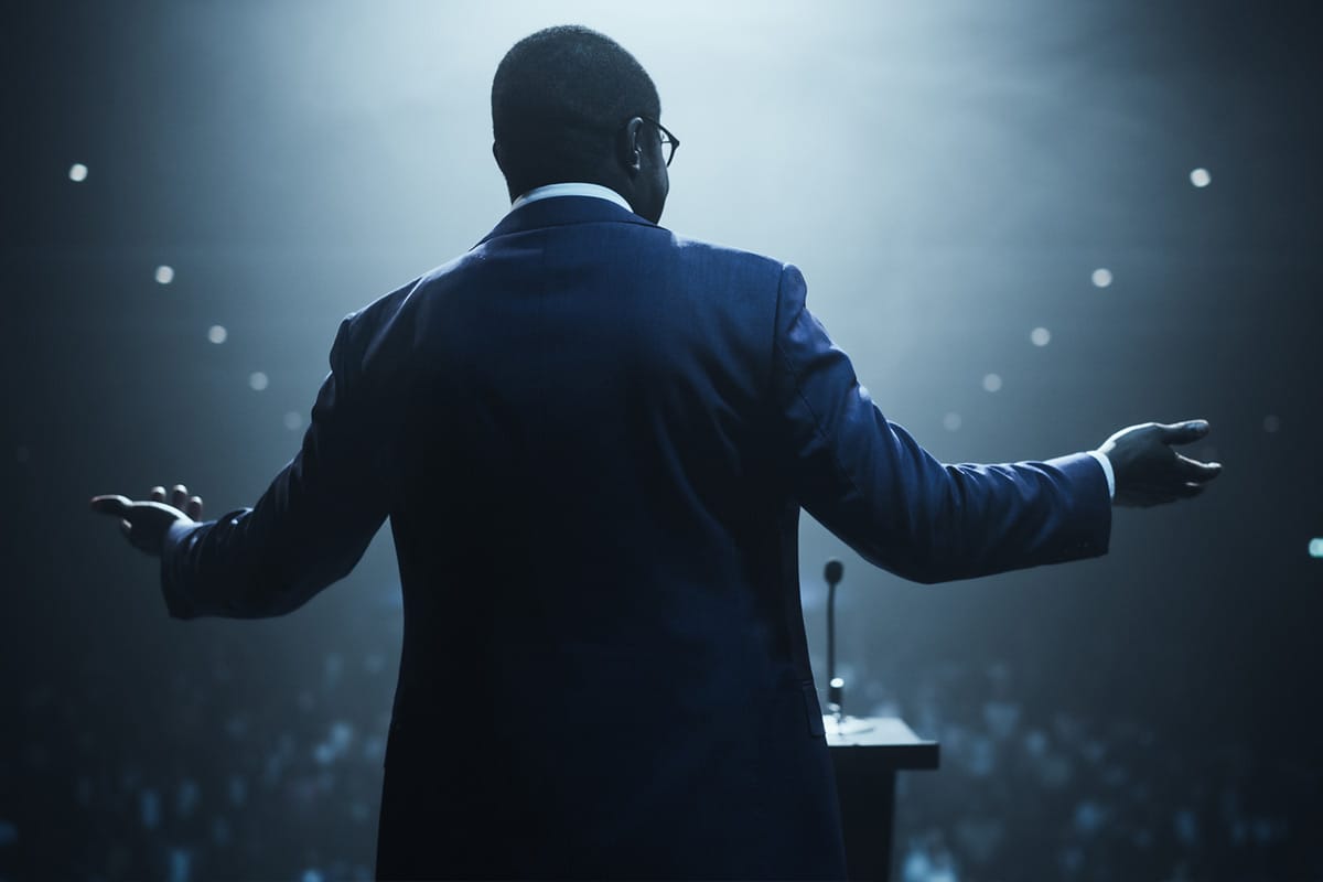 Minister giving speech with lights shining on him