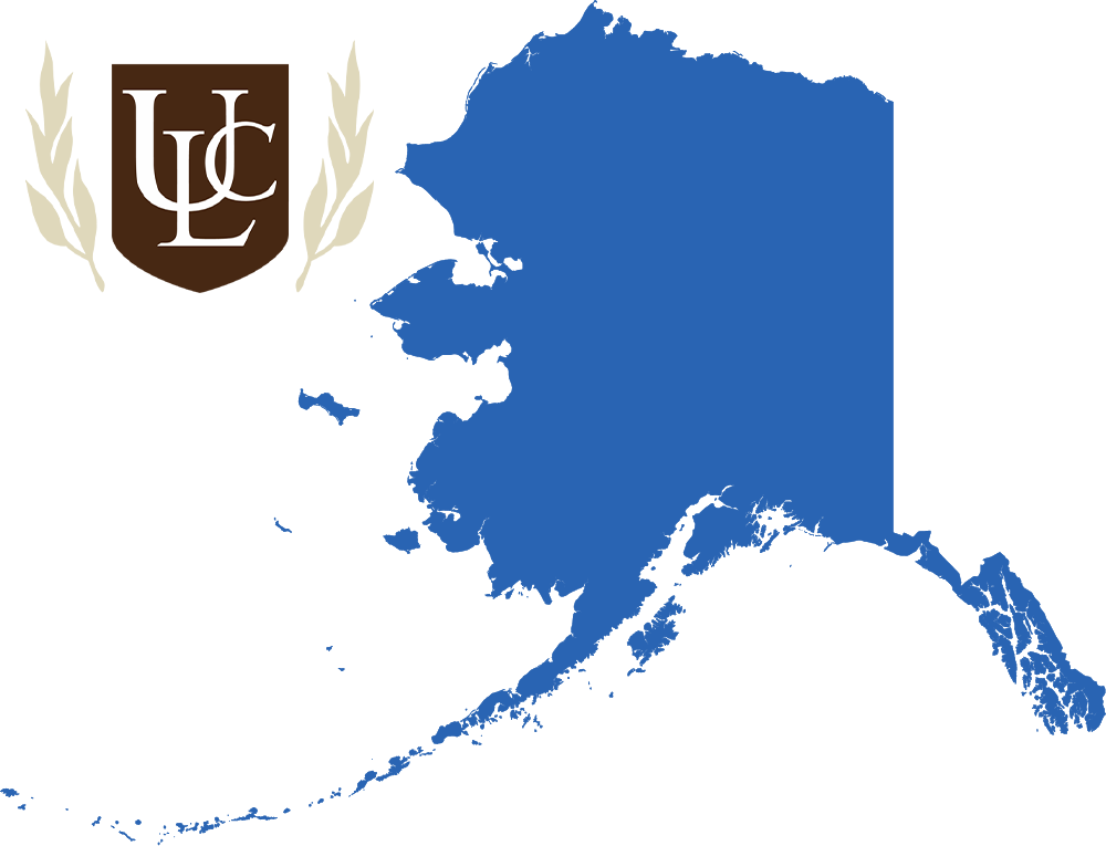 An outline of Alaska with the ULC logo
