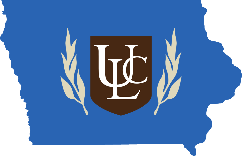 An outline of Iowa with the ULC logo