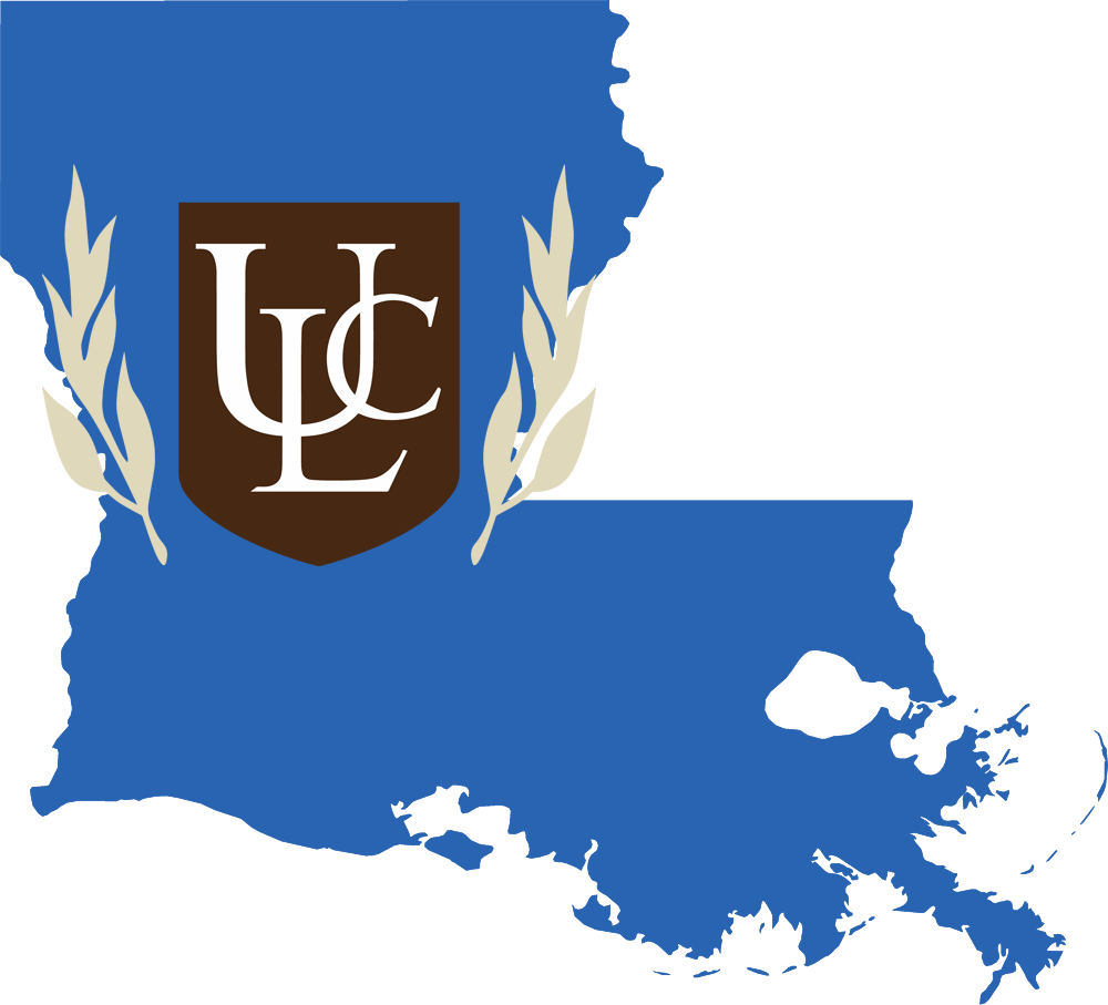 An outline of Louisiana with the ULC logo