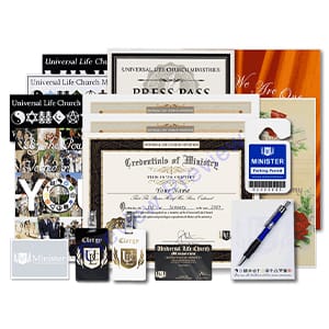 Some church supplies for weddings, including a Certificate of Ministry