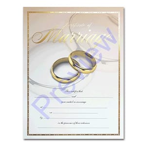 A marriage certificate that says Certificate of Marriage, and has two gold rings on the page