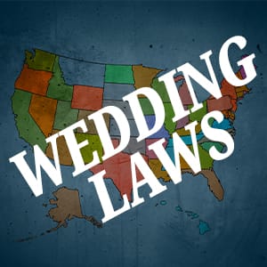 The United States map with Wedding Laws in white text over it