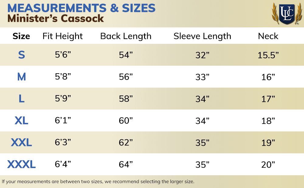 Minister's Cassock Size Chart