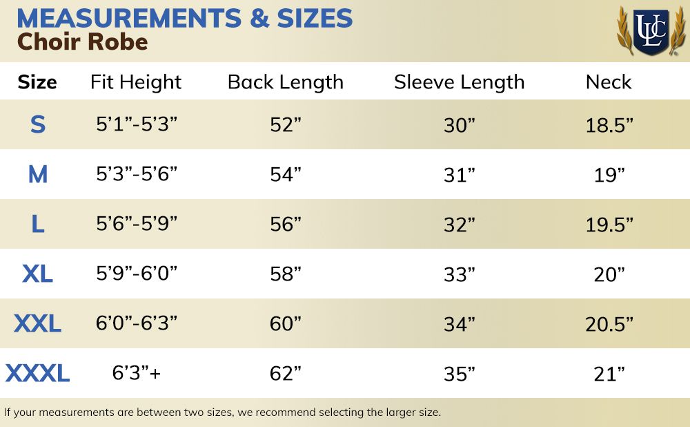 Choir Robe Size Chart