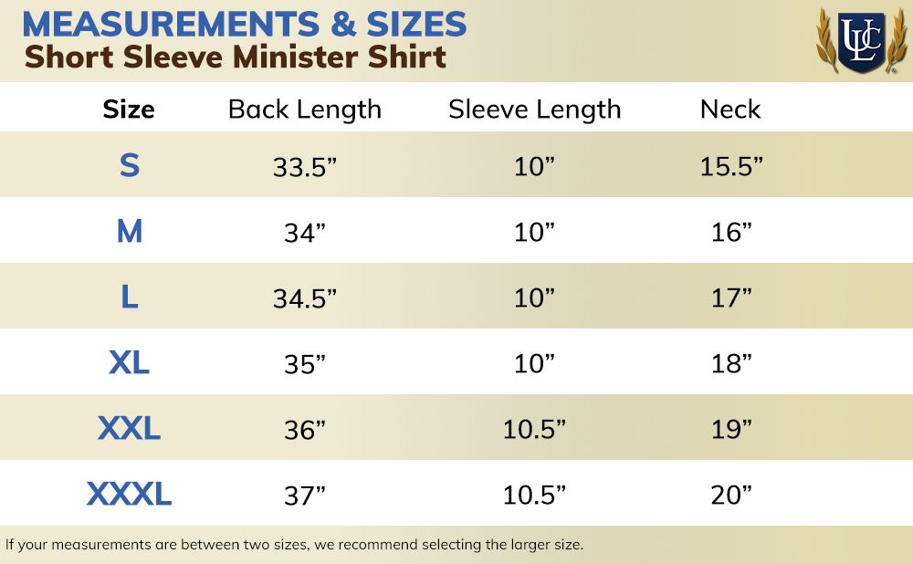 Short Sleeve Minister Shirt - Color Size Chart