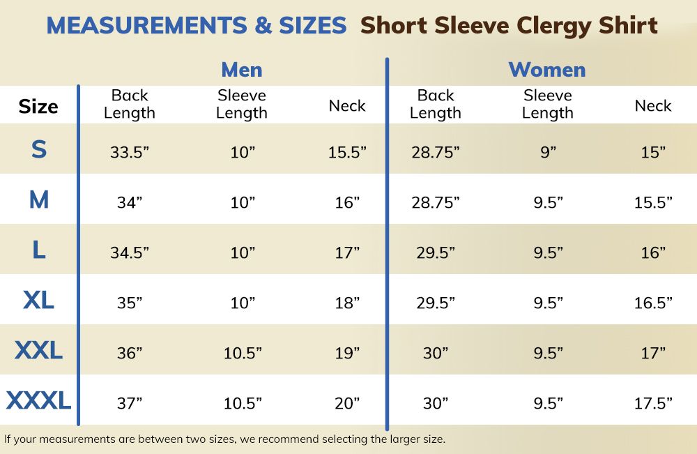 Short Sleeve Minister Shirt Size Chart