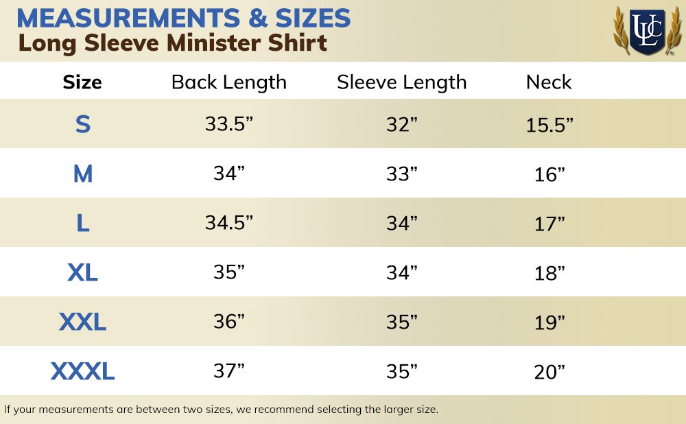 Long Sleeve Minister Shirt - Color Size Chart