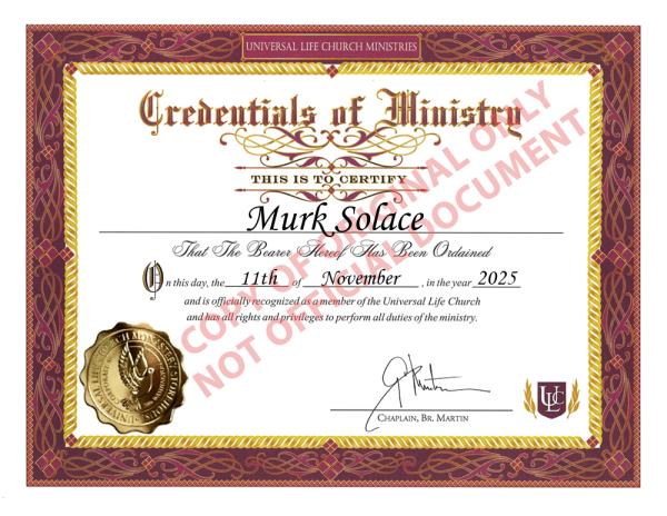 Ordination Certificate of Murk Solace