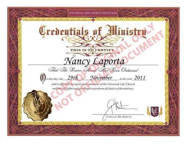 Nancy laporta's Universal Life Church Ordination