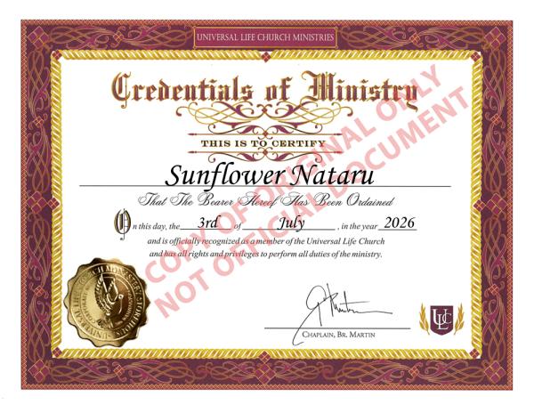Sunflower's Universal Life Church Ordination